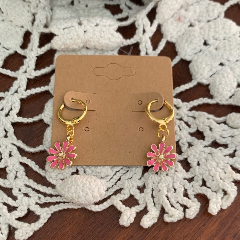 *3 for $20* Dark Pink and Gold Enamel Flower Huggie Hoop Earrings